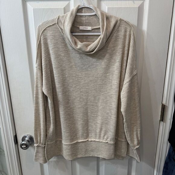 Cherish Apparel oversized, raw hem, cowl neck oatmeal colored top size Med - Picture 2 of 14